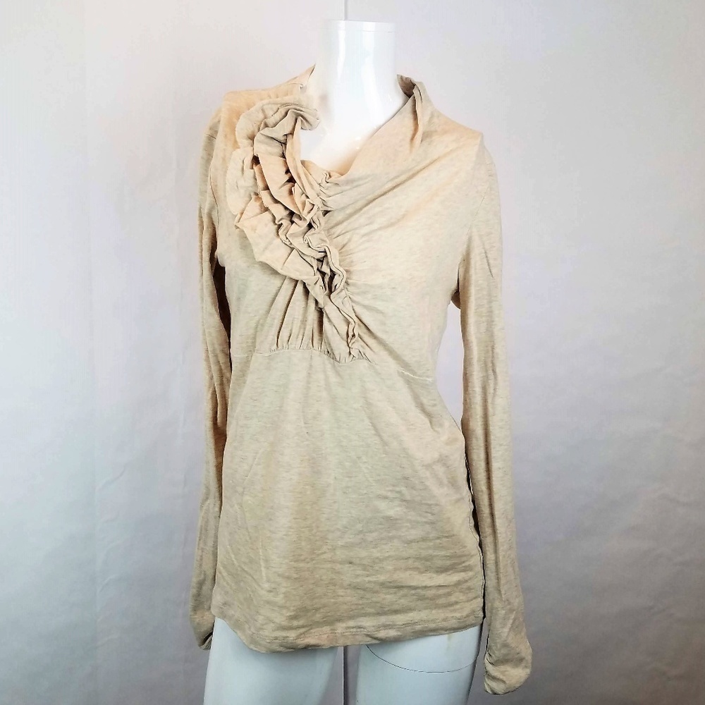 Cabi Women's Beige Nonchalant Long Sleeve Ruched Ruffle Feminine Top